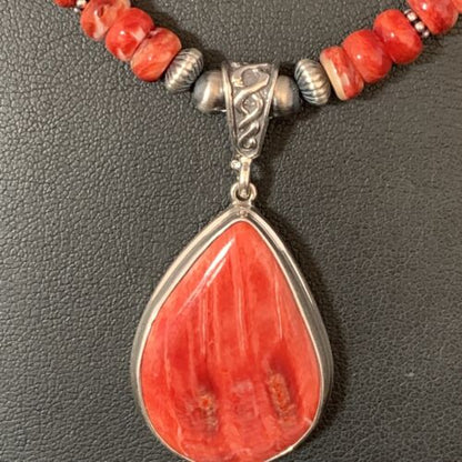 Navajo Red Spiny Oyster Necklace | Sterling Silver Pendant | Authentic Native American Handmade | Men's | 13815