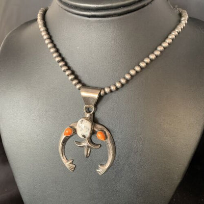 Navajo White Buffalo Turquoise & Spiny Oyster Naja Pendant | Sterling Silver | Authentic Native American Handmade | 13647