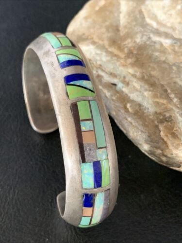 Old Pawn Navajo Turquoise Gaspeite Lapis Inlay Bracelet | Sterling Silver | Authentic Native American Handmade | 14160