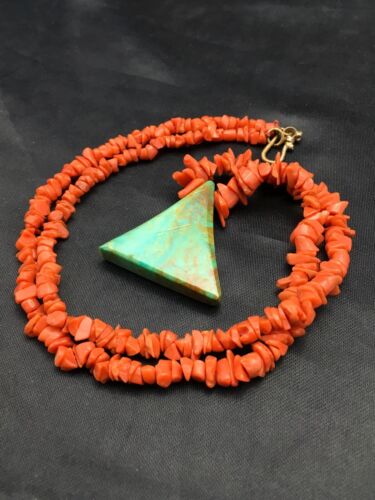 Native American Kingman Turquoise and Coral Pendant Necklace | Brass | Old Pawn | 19" | 4029