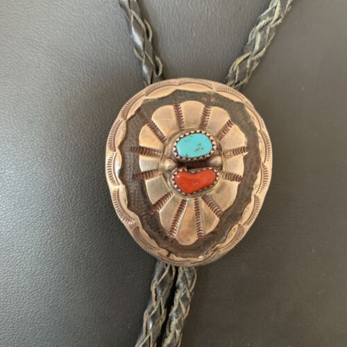 Navajo Turquoise Coral Bolo Tie | Sterling Silver | Authentic Native American Handmade | 1999 Bolo