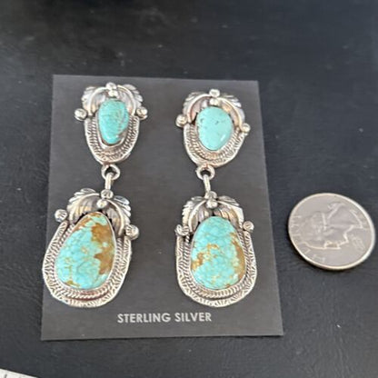 Navajo Blue #8 Turquoise Dangle Earrings | Sterling Silver | Authentic Native American Handmade | 14338