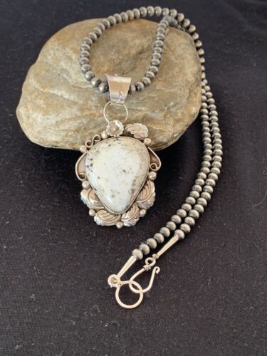 Navajo Pearls Necklace with White Buffalo Turquoise Pendant | Sterling Silver | Authentic Native American Handmade | 349