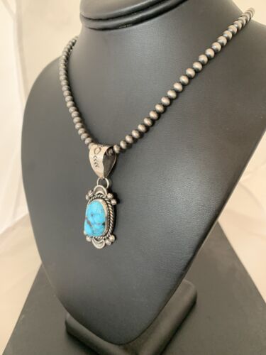 Navajo Spiderweb Kingman Turquoise Pendant Necklace | Sterling Silver | Authentic Native American Handmade | 690