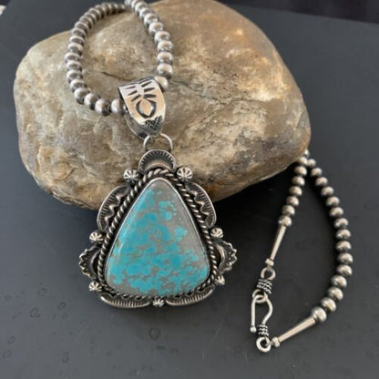 Navajo Pearls Sterling Silver Necklace with Blue Turquoise #8 Pendant | Authentic Native American Handmade | 11311