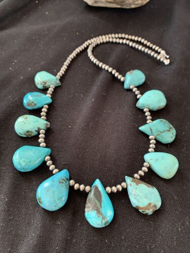 Native American Navajo Pearls Necklace | Sterling Silver Blue Turquoise Teardrop | Authentic Handmade | 942