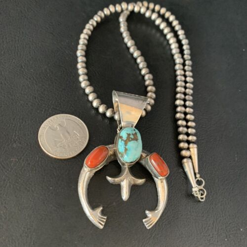 Navajo Pearl Necklace with Royston Turquoise & Coral Naja Pendant | Sterling Silver | 13645