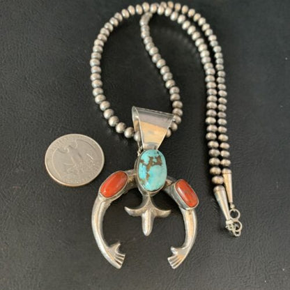 Navajo Pearl Necklace with Royston Turquoise & Coral Naja Pendant | Sterling Silver | 13645