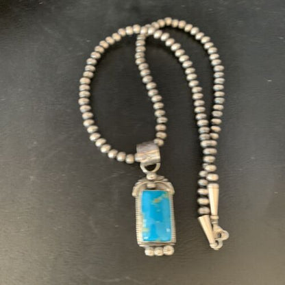 Men's Blue Kingman Turquoise Necklace Pendant | Sterling Silver Navajo Pearls | 13762