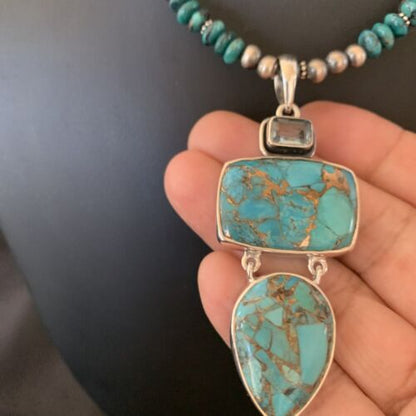 Navajo Pearls Sterling Silver Necklace with Blue Mojave AZ Turquoise Pendant | Multi-Stone | 11819