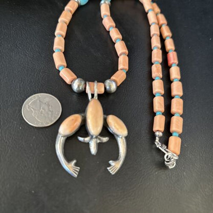 Navajo Pink Coral & Blue Turquoise Necklace with Naja Pendant | Sterling Silver | Native American Handmade | 14813