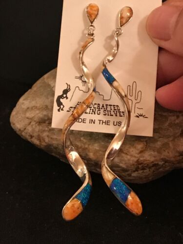 Navajo Snake Swirl Spiny Opal Inlay Sterling Silver Earrings | Long 3.25" Dangle | Southwestern Native American | 1059