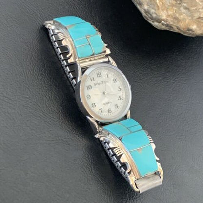 Navajo Men's Watch Tips | Sterling Silver & Turquoise Inlay | Authentic Native American Jewelry | 2094