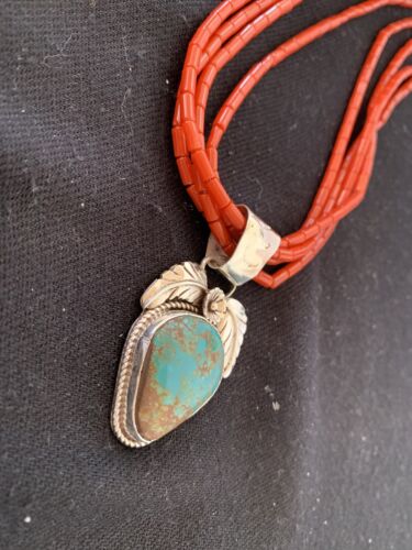 Navajo Sterling Silver Turquoise Pendant with Coral Bead Necklace | Multi-Strand | Authentic Native American Handmade | 00370