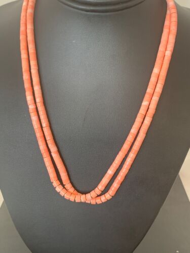 Navajo Pink Stabilized Coral Heishi Bead Necklace | 2 Strand | Sterling Silver | Authentic Native American Handmade | 4701