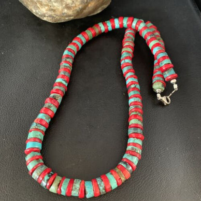 Southwestern Men's Heishi Turquoise Coral Necklace | Sterling Silver | Authentic Native American Handmade | 23" | 13927