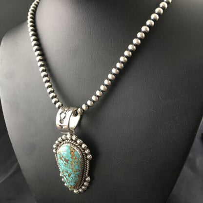 Navajo Pearls Sterling Silver Necklace with Blue #8 Turquoise Pendant | 2.7" | Authentic Native American Handmade | 10151