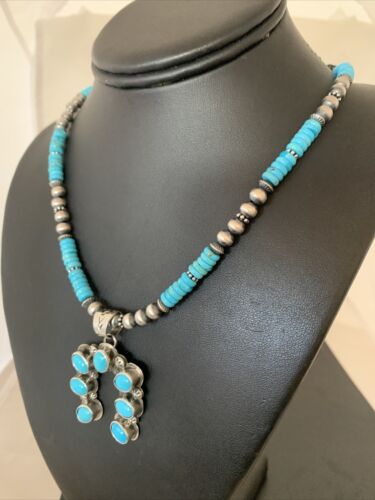 Navajo Blue Turquoise Necklace with Sterling Silver Naja Pendant | Authentic Native American Handmade | 02017