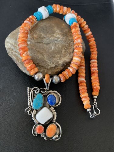Navajo White Buffalo, Blue Turquoise Spiny Oyster Multi-Stone Pendant | Authentic Native American Sterling Silver | Multi-Stone | 02188