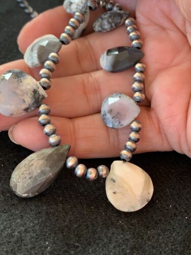 Navajo Pearls Pear Shape Necklace | Sterling Silver Black Rutile Opal Teardrop | Authentic Native American Handmade | 4088