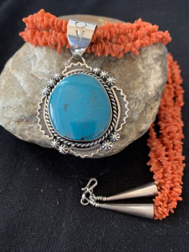 Navajo Sterling Silver Coral Bead Necklace | Turquoise Pendant | Multi-Strand 21" | 00766