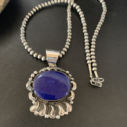 Native American Blue Lapis Pendant Necklace | Navajo Sterling Silver | Authentic Handmade | 14114