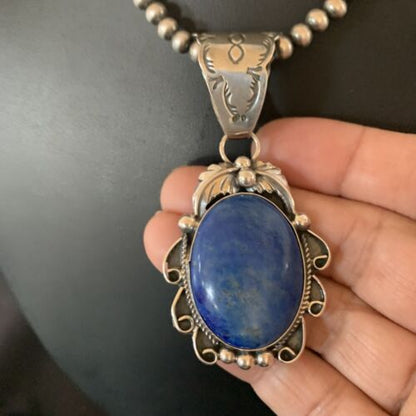 Men's Navajo Pearls Necklace with Denim Lapis Pendant | Sterling Silver | Authentic Native American Handmade | 12433