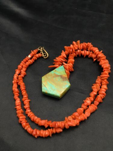 Native American Turquoise Coral Pendant Necklace | Brass Old Pawn | 19" | 4002