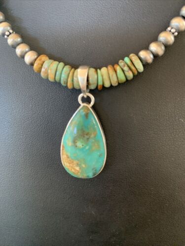 Navajo Green Turquoise Pendant Necklace | Sterling Silver | Authentic Native American Handmade | 11779