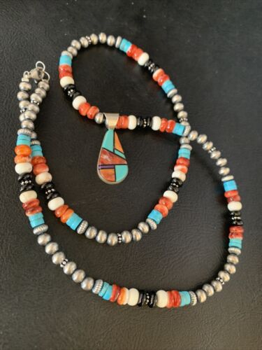 Navajo Multi-Color Turquoise Onyx Inlay Pendant Necklace | Sterling Silver | Authentic Native American Handmade | 13799