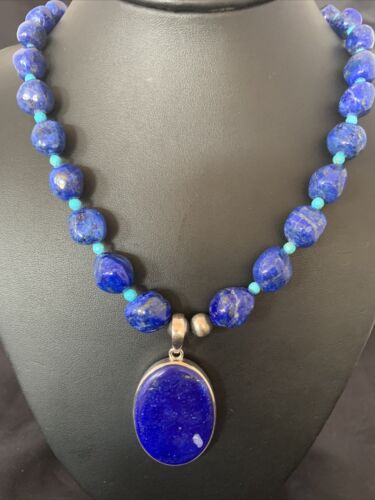 Navajo Blue Lapis Turquoise Pendant Necklace | Sterling Silver | 20" | Authentic Native American Handmade | 10269