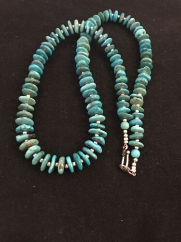 Santo Domingo Kingman Turquoise Necklace | Sterling Silver | 21" | Authentic Native American Handmade | 3996 - Masha USA