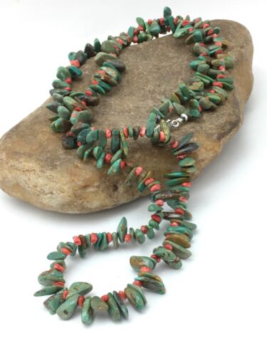 Navajo Green Turquoise & Spiny Oyster Necklace | Sterling Silver | 34" | Authentic Native American Handmade | 4738