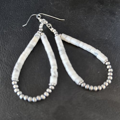 Navajo White Howlite Heishi Dangle Earrings | Sterling Silver | 2" | Authentic Native American Handmade | 14480