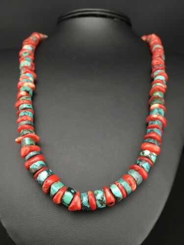 Navajo Sterling Silver Heishi Green Turquoise Coral Necklace | 20" | 1266