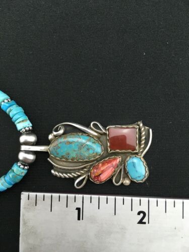 Navajo Turquoise & Spiny Oyster Pendant Necklace | Sterling Silver | 20" | Authentic Native American Handmade | 4836