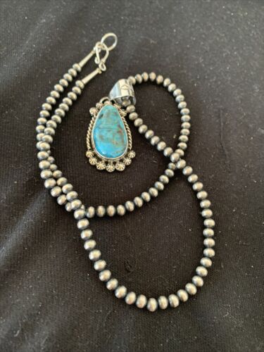 Men's Navajo Pearls Necklace with Blue Kingman Turquoise Pendant | Sterling Silver | Native American Handmade | 12962 - Masha USA