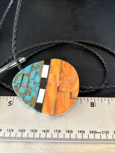 Men's Santo Domingo Bolo Tie | Turquoise & Spiny Oyster | Sterling Silver Tips | 14631