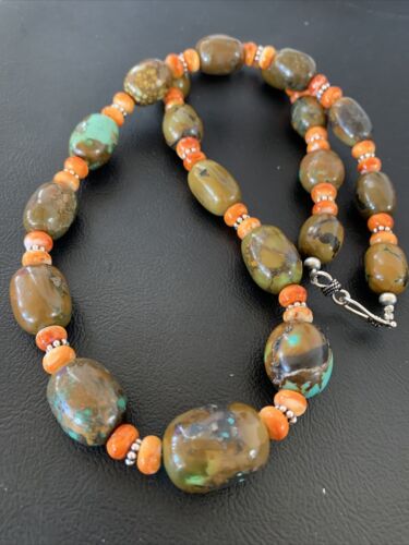 Navajo Green Turquoise & Orange Spiny Oyster Necklace | Sterling Silver | 23" | Authentic Native American Handmade | 1848