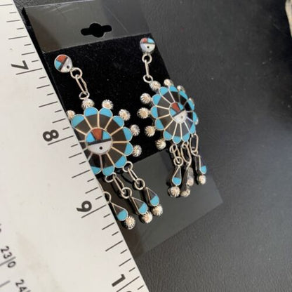 Zuni Sun Face Dangle Earrings | Kingman Turquoise & Black Onyx | Sterling Silver | 12127