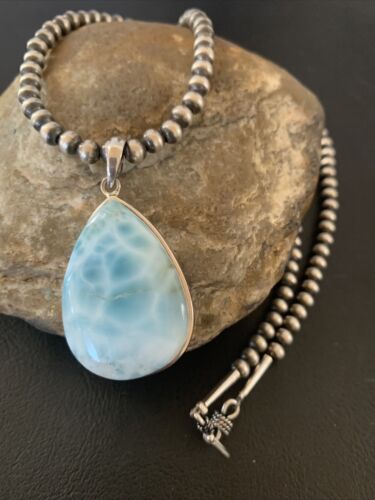 Navajo Blue Larimar Pendant Necklace | Sterling Silver Beads | Authentic Native American Handmade | 1765