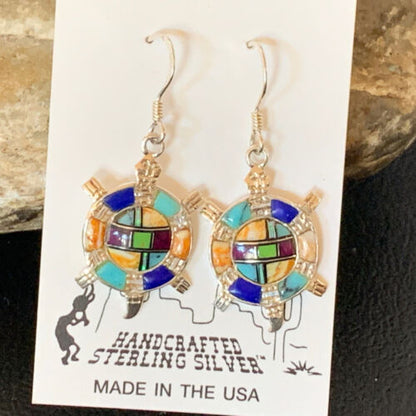 Navajo Turquoise Spiny Opal Inlay Sterling Silver Turtle Earrings | 0.5" | Handmade | 12014