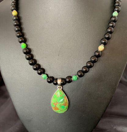 Navajo Pearls Onyx Mojave Turquoise Pendant Necklace | Sterling Silver | Authentic Native American Handmade | 10346