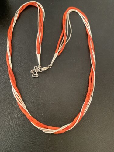 Navajo Coral Tube Beads Liquid Silver Heishi 5-Strand Necklace | Sterling Silver | 02181
