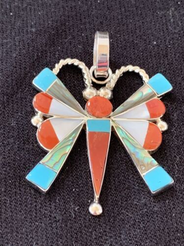Zuni Turquoise Coral Mother of Pearl Butterfly Necklace Pin Pendant | Sterling Silver Inlay | 1368