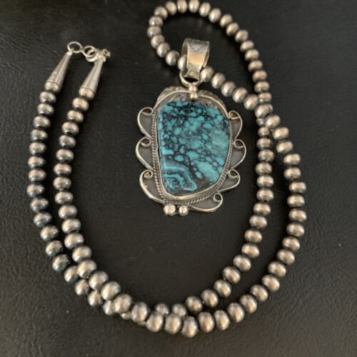 Navajo Spiderweb Turquoise Pendant Necklace | Sterling Silver | 2.25" | Authentic Native American Handmade | 13978