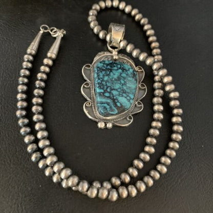 Navajo Spiderweb Turquoise Pendant Necklace | Sterling Silver | 2.25" | Authentic Native American Handmade | 13978