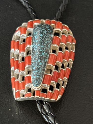 Ultra Rare Native American Men's Bolo Tie | Blue Kingman Turquoise & Coral | Sterling Silver | 14225