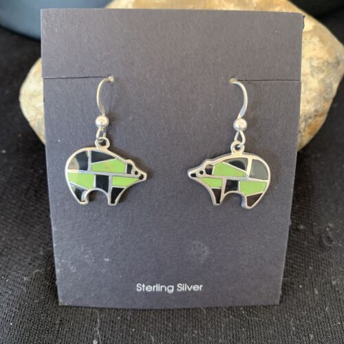 Navajo Green Gaspeite & Onyx Bear Inlay Earrings | Sterling Silver | 0.25" | 1512