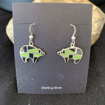 Navajo Green Gaspeite & Onyx Bear Inlay Earrings | Sterling Silver | 0.25" | 1512